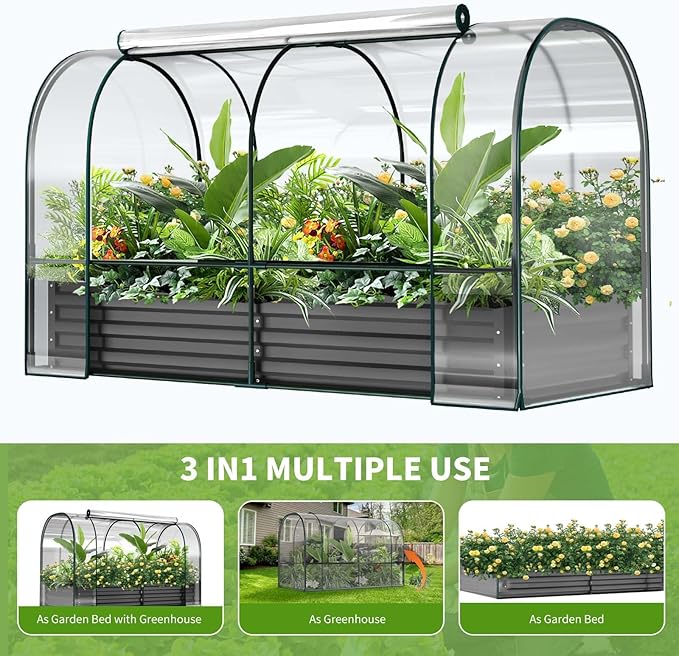DoCred Galvanized Raised Garden Bed with PVC Cover, 72.8" x 37.4" x 47.2" Metal Planter Bottomless Box w/ Roll-Up Window, Mini Greenhouse Tent for Outdoor Growing Vegetables Flower Fruit