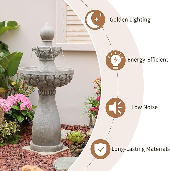 Sunlinua 46.5H 3-Tier Outdoor Water Fountain with LED Lights Italian Resin Garden Fountain for Patio Yard Weather-Resistant Cascading Waterfall Feature with Quiet Pump Elegant Backyard Décor Gray