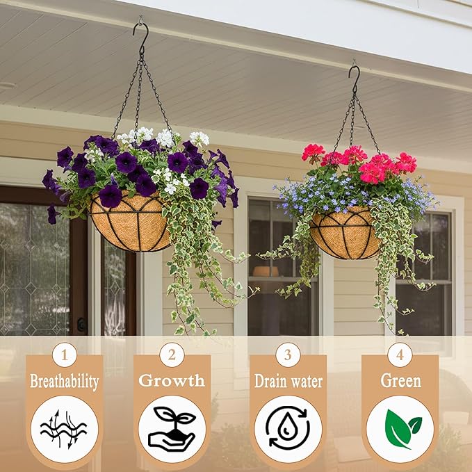 4 Pack 12" Round Metal Hanging Basket for Outdoor Plants Durable Large Hanging Planter with Coco Coir Round Plant Holders Planter for Outside Garden Decoration (Lotus)