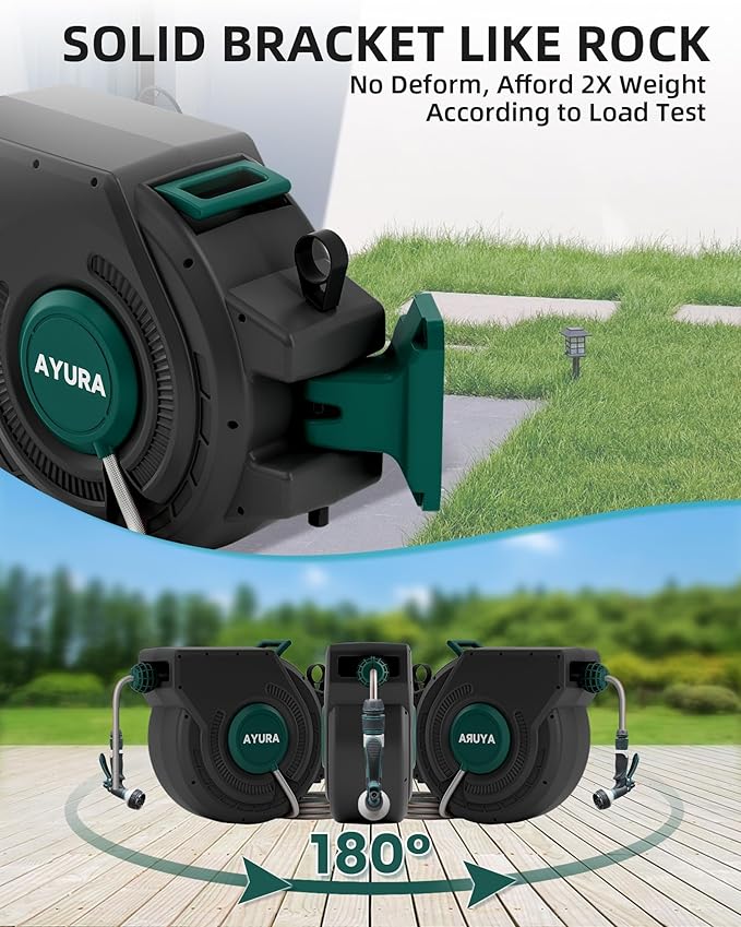 AYURA Retractable Garden Hose Reel 100 ft x 1/2 inch with Pro Metal Shaft, Heavy Duty Automatic Garden Hose Reels with Kink-Free Rewind and Lock at Any Length (Green, 50FT)