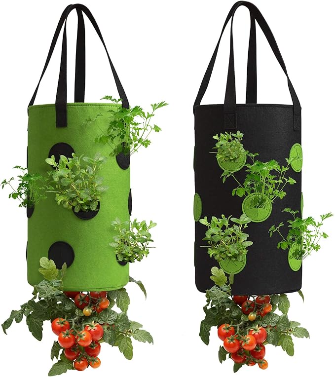 Homyhoo 2 Pack Black and Green Upside Down Tomato & Herb Planter, Hanging Durable Aeration Fabric Strawberry Planter Bags