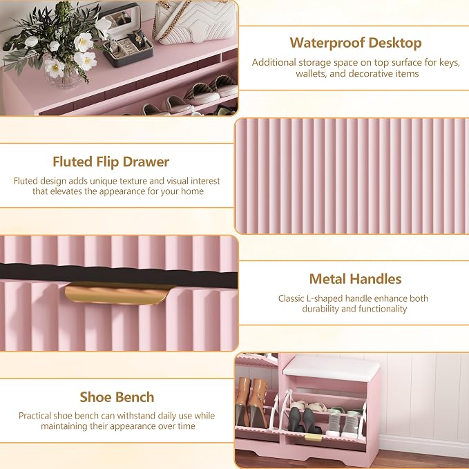HUANLEGO Shoe Cabinet Storage for Entryway with Flip Drawer & Bench, Pink