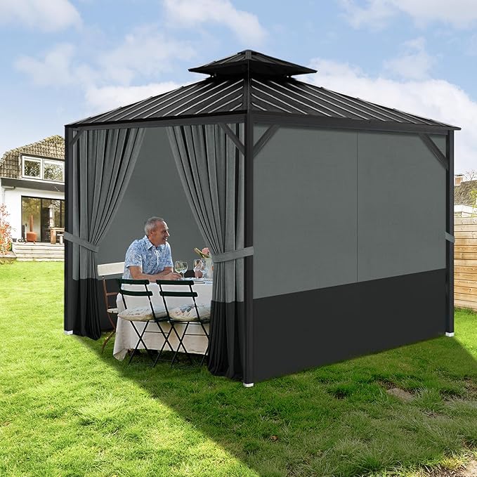 Gazebo Privacy Curtains 12' x 16' with Zipper 4-Panels Side Wall Universal Replacement for Patio, Outdoor Canopy, Garden and Backyard Gray and Black (Curtain Only)