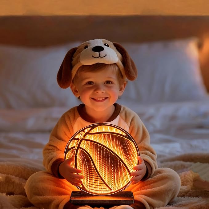 3D Basketball Infinity Mirror Light, LED Infinity Mirror Night Light with Glowing Sports Effect, USB Powered 3D LED Lights for Man Cave & Game Room, Unique Basketball Gift for Boys Men, 9.1"