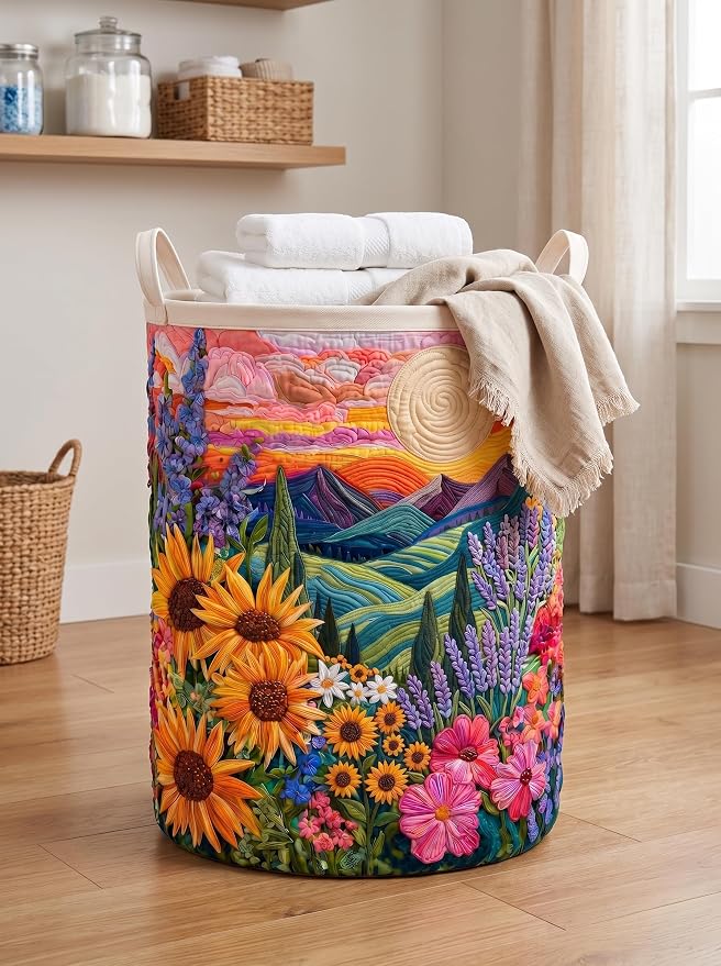 Quilted Laundry Basket with Handles, Boho Floral Quilted Storage Hamper, Large Capacity Laundry Hamper for Nursery Bedroom Laundry Room Home Decor (Pattern 12, Medium (22"H x 16"W x 16"L))