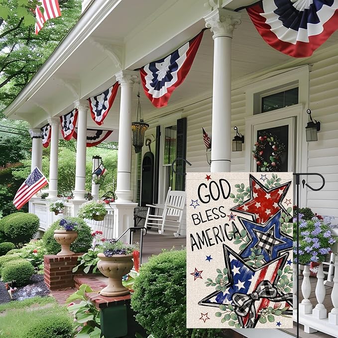 4th of July Garden Flag 12x18 Inch Double Sided Outside God Bless America Patriotic Stars Eucalyptus Memorial Day Independence Day Holiday Outdoor Yard Decoration