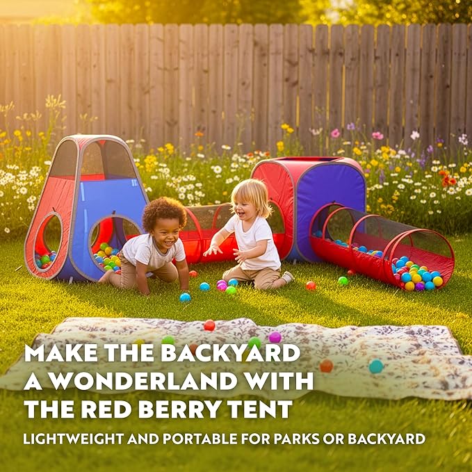 Playz 4pc Pop Up Play Tent and Tunnel Bundle for Toddlers and Kids - Indoor & Outdoor Playhouse with Storage Bag, Red & Blue