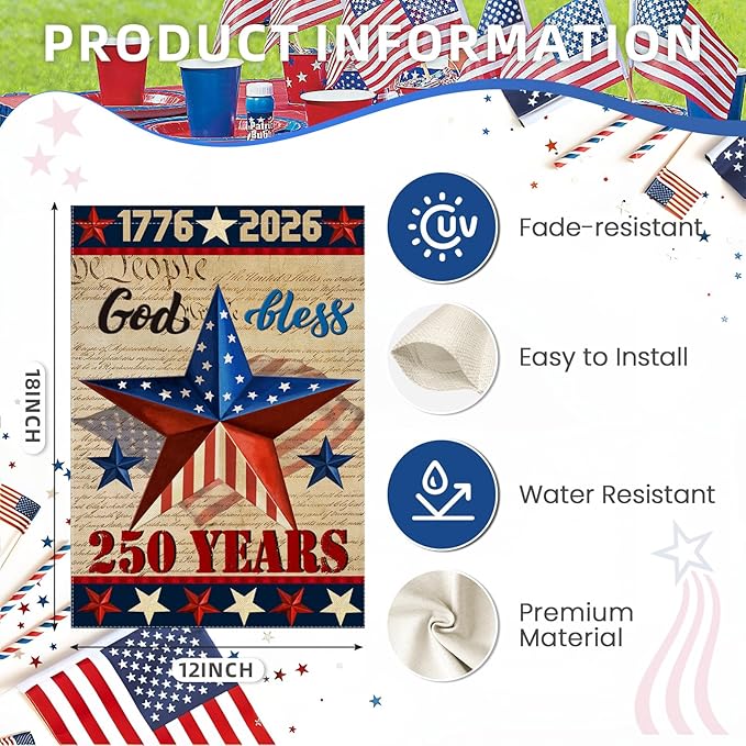250 Anniversary USA Garden Flags for Outside,4th of July 250th Year America Banner,God Bless United States 12x18 Inch Double-Sided with Patriotic Star,1776-2026 America Merchandise for Yard Decoration