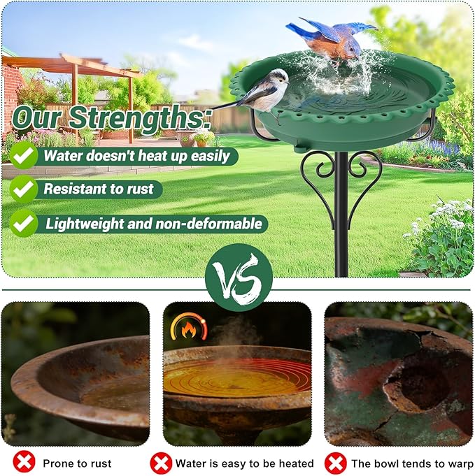 40In Bird Bath for Outside,Freestanding Birdbath & Birdfeeder with Metal Stake,Vintage Birdbaths Water Bowl with 5 Prongs Base for Outdoor Garden Yard Decor (Green)
