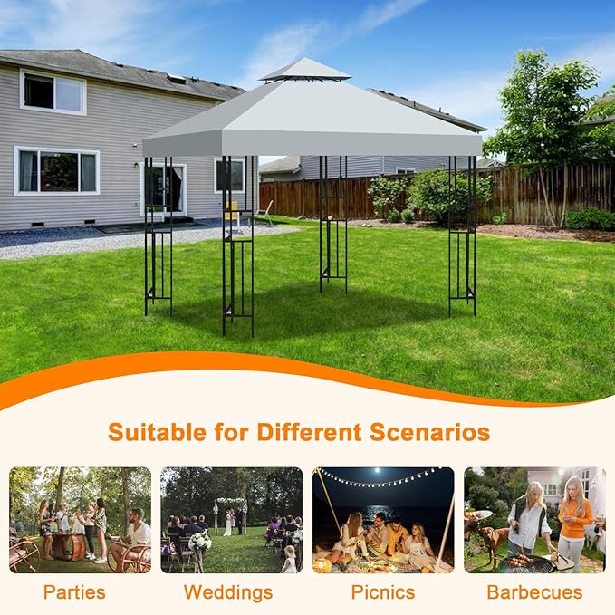 10x10 Gazebo Replacement Canopy, Double Tiered Canopy Cover Top with Ventilation, Heavy Duty 300D Polyester Waterproof Outdoor Gazebo Roof for Patio Garden Yard (Grey, Flat Edge)