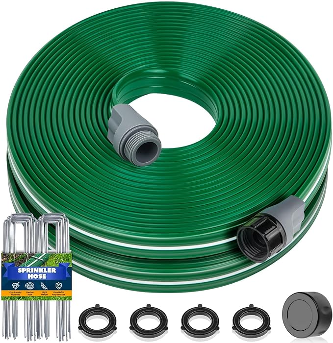 Jin&Bao Sprinkler Hose with Holes 100FT(50FTx2pack), Heavy Duty Garden Watering Hose, High-Efficiency Lawn Sprinkler System with Staples