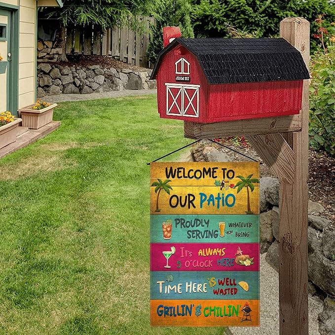 Snycler Welcome To Our Patio Garden Flag, 12.5x18" Party Decorations, Summer Decor, Outdoor Beach Bar Pub Porch Patio Deck Backyard Poolside Decor Outside