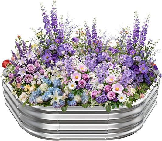 Hexagon Raised Garden Bed, 48 Inch Diagonal & 12 Inch Tall, Galvanized Steel Planter Box with Wave-Shaped Metal Panels for Outdoor Flower,Tree,Herb & Vegetable Garden (Silver, 4FT X 1FT)