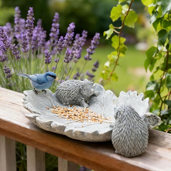 Bird Bath Bowl Hedgehog Statue Decorative Leaf for Gardeners Lovers Cement Small Birdfeeder Outside Concrete Outdoor Water Tray Patio Yard Balcony Deck Garden Decor Gift Women Mom