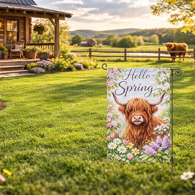 Heyfibro Hello Spring Highland Cow Garden Flag 12x18 Inch Double Sided Floral Farmhouse Yard Flag for Outside House Porch Seasonal Spring Outdoor Decorations