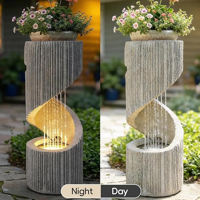 30” H Modern S-Shaped Outdoor Fountain with LED Light, Resin Spiral Column Waterfall Feature with Flat Top for Plant Display, Decorative Water Fountain for Garden, Patio