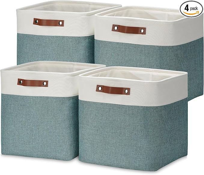DULLEMELO Storage Bins, 4 Pack Of 13x13x13 Decorative Storage Cube Bins Suit Office, Home, Shelves And Closet, Stackale Gift Baskets Empty with Leather handle (White&Deep Green)