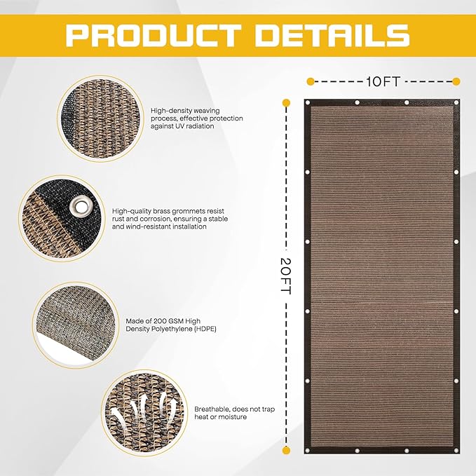 10'x 20' Sun Shade Cloth with Bungee Balls, Mocha Outdoor Pergola Shade Cover with Grommets, 90% UV Block Privacy Screen for Patio, Garden, Backyard