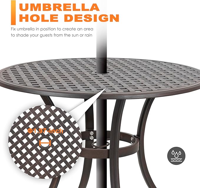 NUU GARDEN 5 Piece Outdoor Patio Dining Set, All-Weather Round Cast Aluminum Dining Table with 1.97"" Umbrella Hole and Outdoor Patio Dining Chairs for Patio, Garden, Backyard, Balcony, Bronze