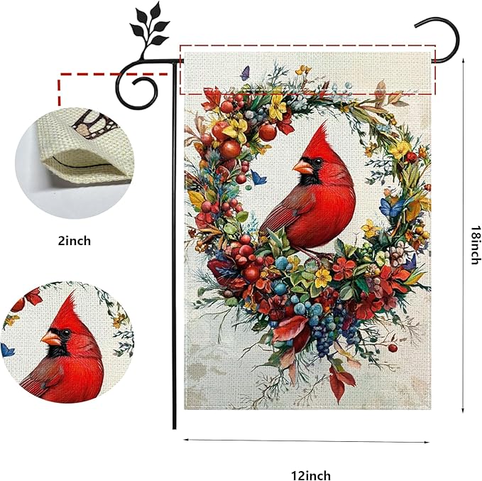 Spring Summer Cardinal Bird Garden Flag 12x18 Inch Double Sided, Welcome Yard Decor, Farmhouse Outdoor Flag for Lawn Patio Porch