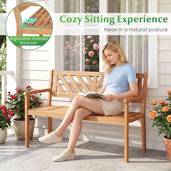Tangkula Acacia Wood Outdoor Loveseat Bench, 2-Person Patio Garden Bench with Armrests & Backrest, Slatted Wooden Outside Seating Furniture for Backyard, Porch, Deck (V-Shaped Backrest)