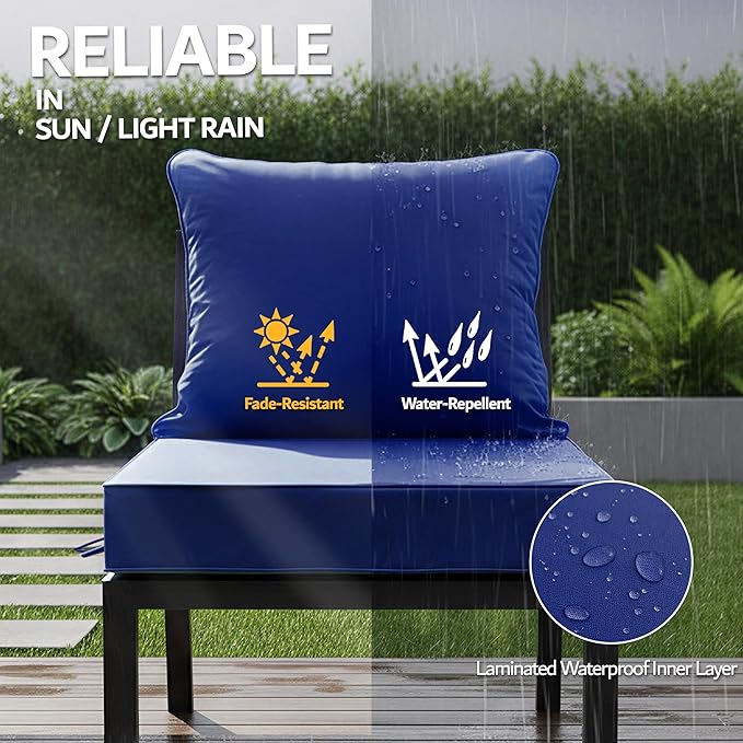 22x22 Inch Patio Chair Cushions Set of 2, Outdoor Furniture Cushions - Removable Cover, Water-Repellent, Fade-Resistant, Non-Slip Bottom & Straps, Replacement for Lawn, Porch & Deck Chair - Navy