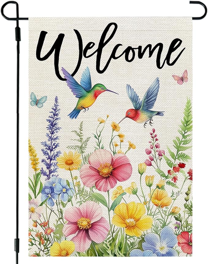 CROWNED BEAUTY Spring Garden Flag Floral Hummingbirds 12x18 Inch Double Sided Small Seasonal Holiday Decoration for Outdoor Lawn Yard