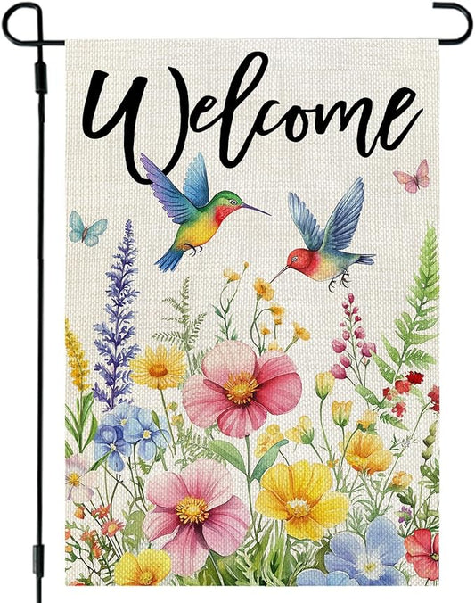 CROWNED BEAUTY Spring Garden Flag Floral Hummingbirds 12x18 Inch Double Sided Small Seasonal Holiday Decoration for Outdoor Lawn Yard