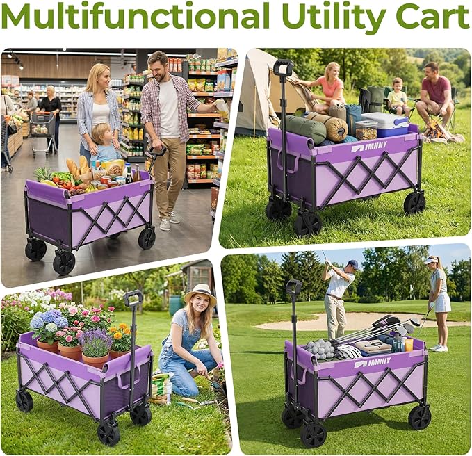 Purple Collapsible Wagon Cart, Lightweight Folding Utility Cart with Wheels, 220lbs Capacity Portable Grocery Cart for Sporting Events, Garden, Shopping (Purple)