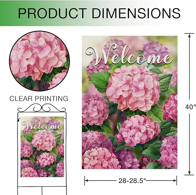 Hzppyz Welcome Spring Summer Hydrangea House Flag Double Sided, Pink Floral Flower Decorative Garden Yard Outdoor Large Decor, Seasonal Burlap Home Outside Decoration 28 x 40