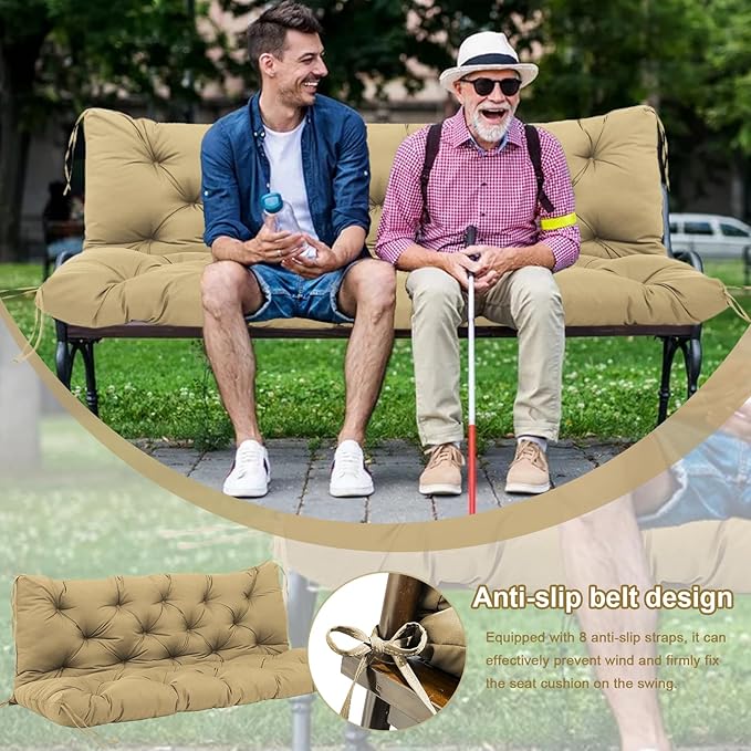 Premium 5" Thick Waterproof Outdoor Swing Cushions 3 Seater Sturdy Durable Porch Cushions 58 inch with Backrest&Ties Swing Cushions for Outdoor Furniture Backyard (Khaki, 58x40x5inches)