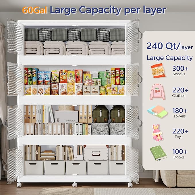 1200QT Extra Large Stackable Storage Bins with Lid, 300Gal Plastic Closet Organizers and Storage Drawer, Collapsible Cabinet Box with Wheels Clear Doors for Home Kitchen Office, 5Pack White