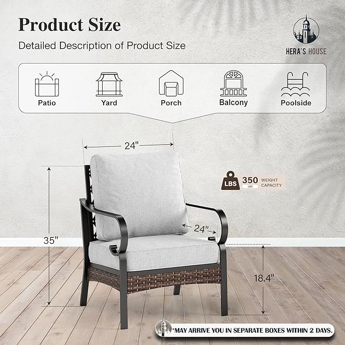 HERA'S HOUSE Patio Chairs Set of 2, High Back Outdoor Dining Chairs with Thick Cushions, All Weather Metal Frame Furniture for Garden, Backyard, Deck, Light Grey