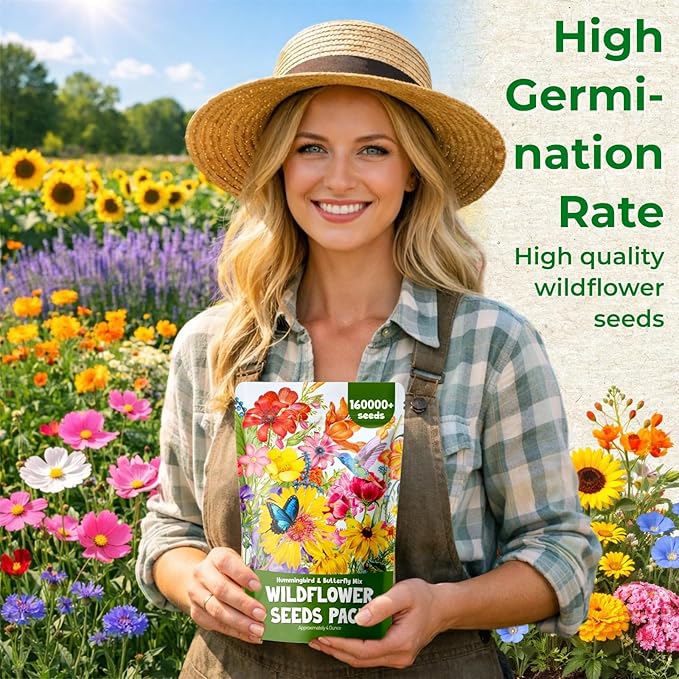 160000+ Wildflower Seeds Planting - 4oz Varieties Including Sunflower, Lavender, Zinnia & More, Attracts Bees & Butterflies, High Germination Rate, Easy to Grow for Garden, Balcony