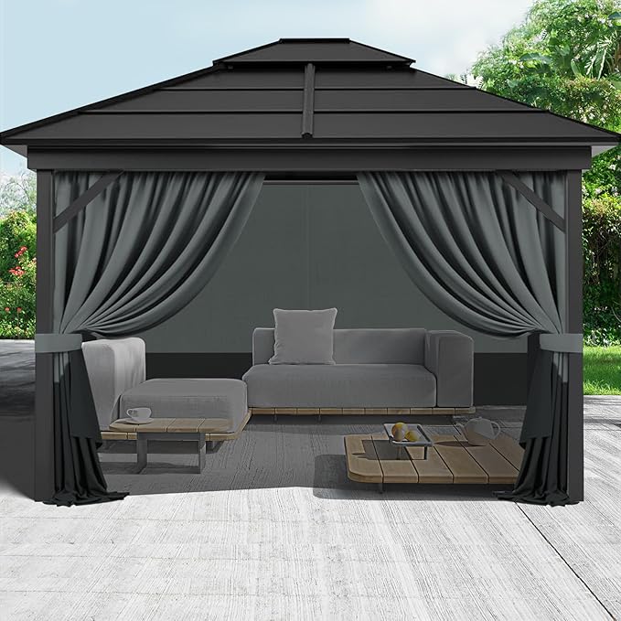 Gazebo Privacy Curtains 11' x 13' with Zipper 4-Panels Side Wall Universal Replacement for Patio, Outdoor Canopy, Garden and Backyard Gray and Black (Curtain Only)