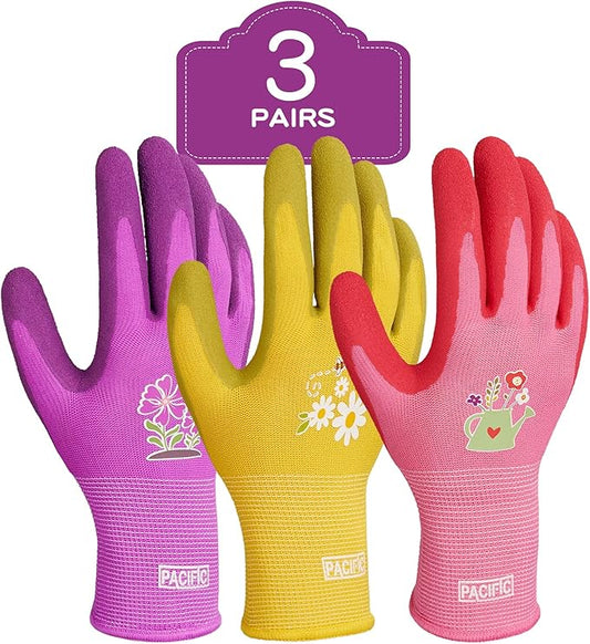 PACIFIC PPE 3 Pairs Gardening Gloves for women, Rubber Coated Garden Gloves, Ladies Yard Work Gloves, Breathable, Purple & Yellow & Red, Medium
