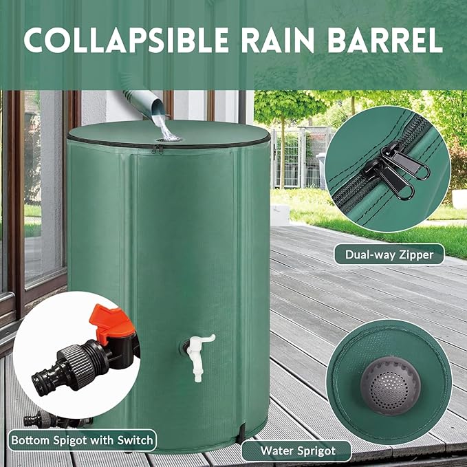 132Gallon/500L Collapsible Rain Barrel, Foldable PVC Rain Barrels with Spigots, Top Mesh Overflow Valve, Suitable for Collect Rainwater from Gutter for Garden Lawn, Cleaning Floors