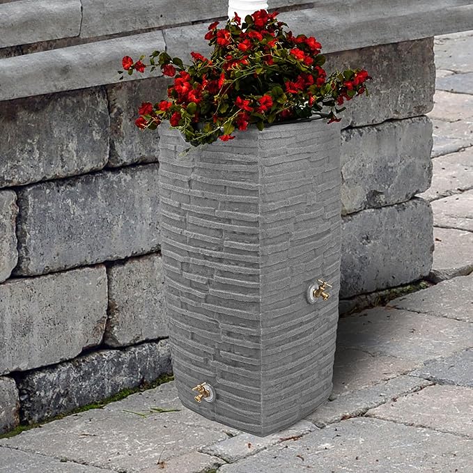 Good Ideas Impressions Riverwalk 50 Gallon Faux Slate Surface Dual Spigot Rain Barrel with 2 Brass Spigots and Screen, Light Granite (2 Pack)