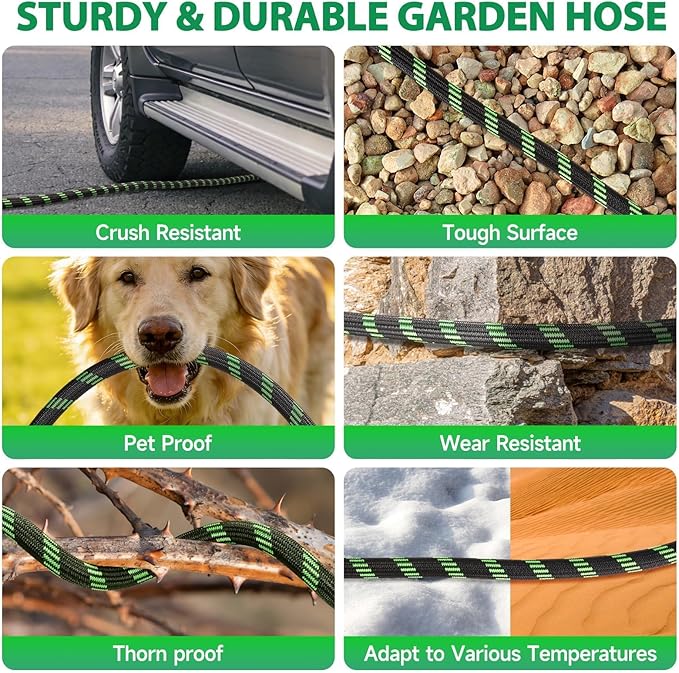 Garden Hose 50 ft Water Hose Flexible Non-Expandable Outdoor Heavy Duty Lightweight Leakproof Kink-free flex Watering Hose Pipe with Nozzl for 3/4 inch Fitting Yard Lawn Outside Car Wash