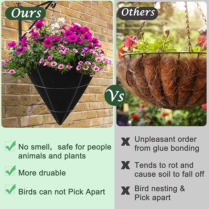 3PCS 12 Inch Cone Shaped Planter Basket Liners Fabric Hanging Plant Liners Non-Woven Planter Liners Black Felt Liners Replacement Inserts for Flower Hanging Baskets Outdoor Plants - Avoid Bird Nesting