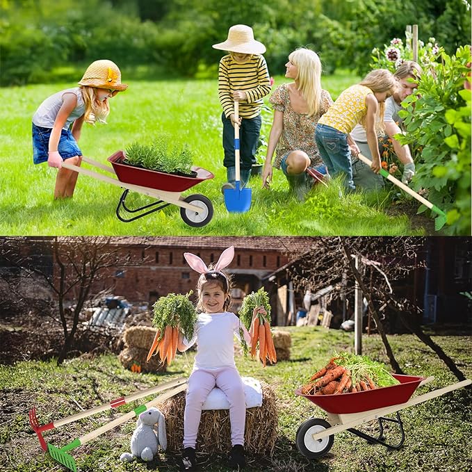 Qtioucp Kids Wheelbarrow Set with Gardening Tools Outdoor Backyard Garden Play for Toddlers Boys Girls 3-8, with Shovel, Rake, Leaf Rake, Easter Birthday Gifts (Red Garden Set)