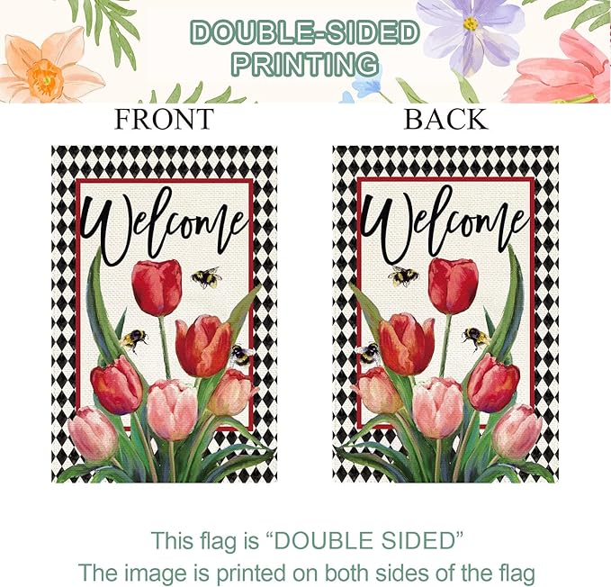 Baccessor Spring Tulip Welcome Garden Flag 12.5 x 18 Inch Double Sided Burlap Easter Floral Flowers Buffalo Plaid Small Yard Flag Summer Holiday Seasonal Outdoor Outside Decoration