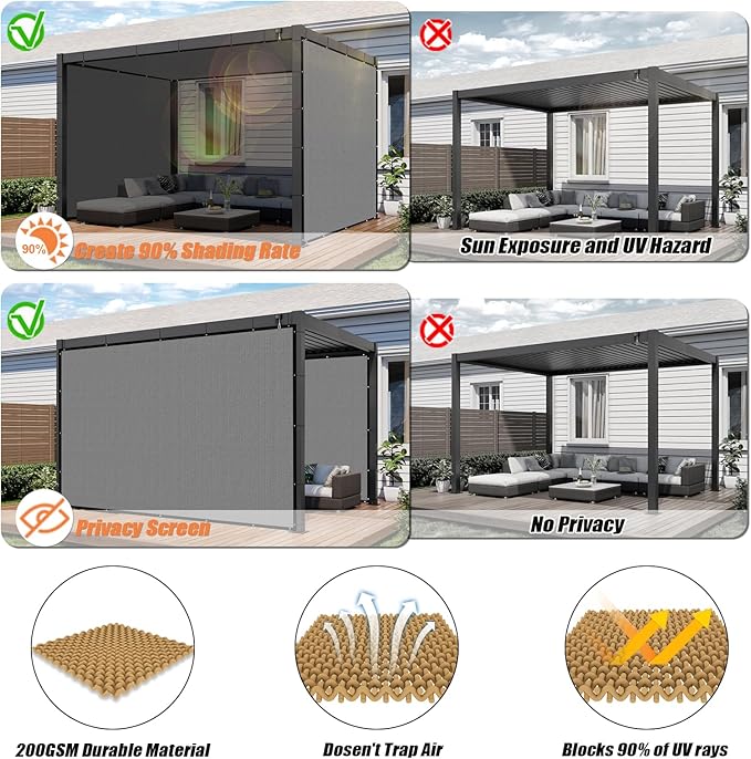 KANAGAWA 90% Sun Shade Cloth 15'X21' Custom Sizes Outdoor Pergola Shade Cover Canopy with Grommets UV Block Privacy Screen for Patio, Backyards, Patios, Garden, Light Gray