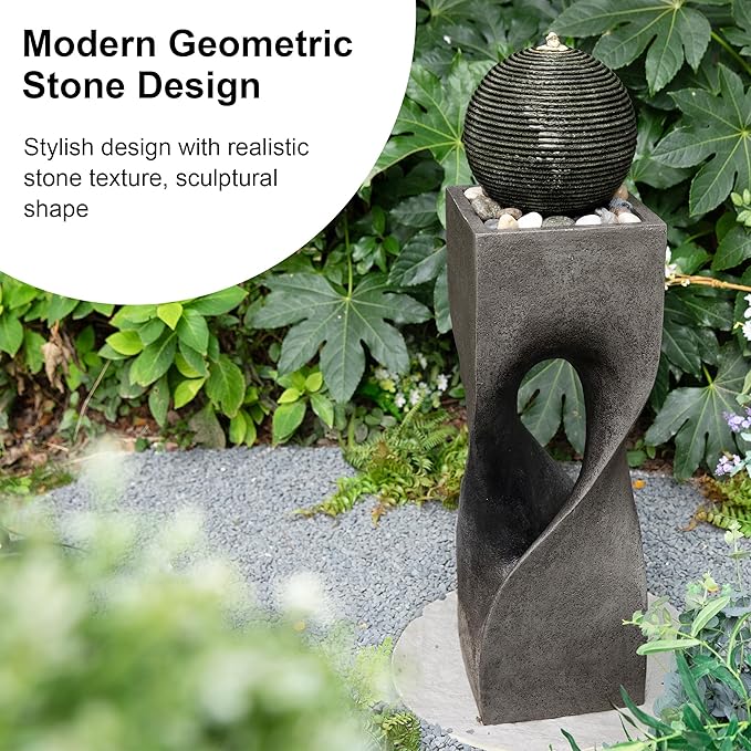 Glitzhome Outdoor Water Fountain, 36.5" H Polyresin Outdoor Fountain with Pebbles, Pump and LED Light, Modern Geometric Pedestal and Sphere Garden Fountain Waterfall for Patio, Backyard, Porch, Deck