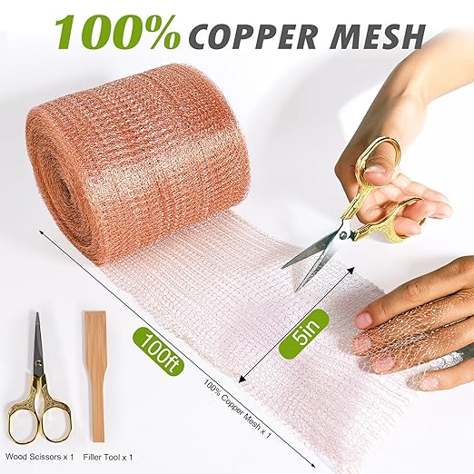 Copper Mesh Rodent Control Copper Wool for Slugs Mice Pest Snail Bird Control 5" x 100 ft Copper Wire for Weep Hole Covers Rodent Mesh