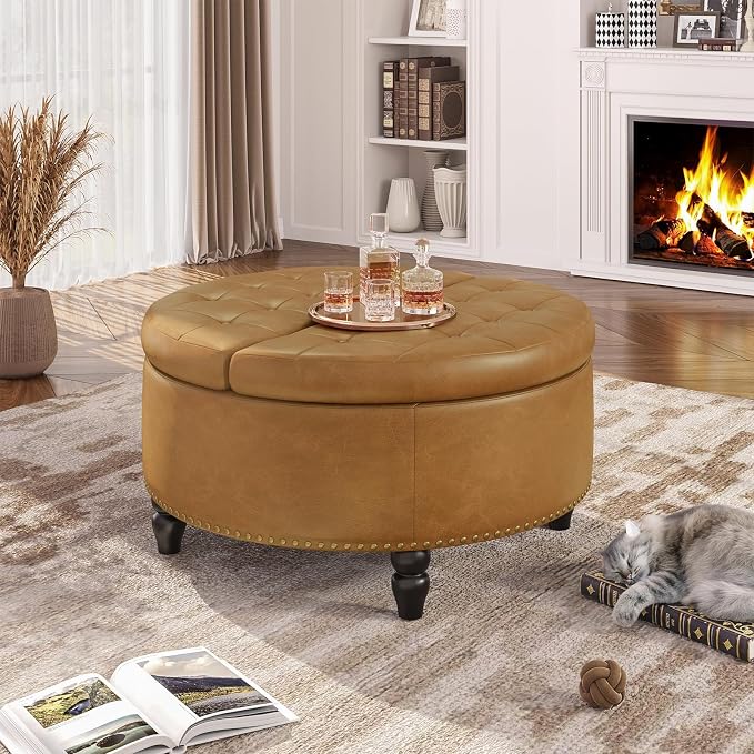 FiveWillowise 31.5 Inch Large Round Ottoman with Storage Circular,Camle | Leather Coffee Table with Lift Top,Modern Upholstered Button Tufted Footrest Stool Solid Wood Legs for Living Room,Bedroom