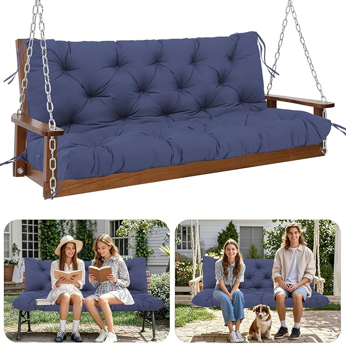 Premium 5" Thick Waterproof Outdoor Swing Cushions 3 Seater Sturdy Durable Porch Cushions 58 inch with Backrest&Ties Swing Cushions for Outdoor Furniture Backyard (Navy Blue, 58x40x5inches)