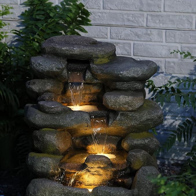 Bumilgar 23.4" H Garden Outdoor Rock Water Fountain with LED Lights, 4-Tier Cascading Waterfall Fountain, Faux Stone Resin Water Feature for Patio, Backyard & Home Decor