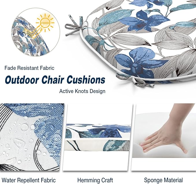 Outdoor Chair Cushions Set of 4, Water Resistant Patio Chair Pads with Ties, Seat Cushions for Home Garden Furniture Decoration, 16"x17", Clemens Noir Blue