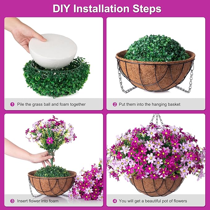 INXUGAO Artificial Flowers with Hanging Planter for Outdoor Decor, Faux Silk Daisy UV Resistant Plants in Basket for Indoor Porch Garden Yard Spring Summer Decor(Violet)